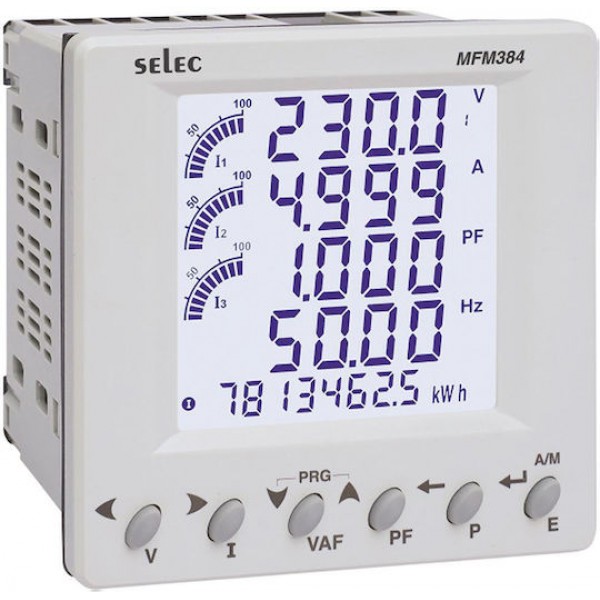 Οργανο Ραγας Αμπερομετρο+Βολτομετρο +Συχνομετρο+Συνημιτομετρο+Ισχυ Lcd Μεσω Μετασχ/5A Mfm384-C Selec